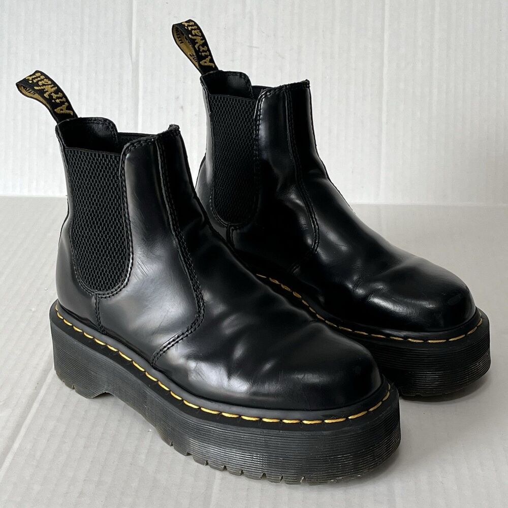 Dr Doc Martens 2976 Quad Platform Chunky Chelsea Boots Black Smooth Leather US 6